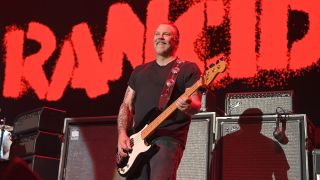 Bassist Matt Freeman of Rancid performs during the Boston To Berkeley II tour at The Theater at Virgin Hotels Las Vegas on October 15, 2021 in Las Vegas, Nevada.