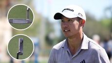 Main image of Collin Morikawa with two inset images of his new Logan Olson putter