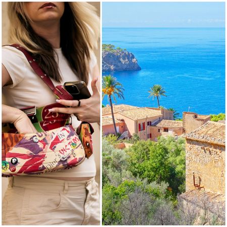a split image of a woman looking through her purse and a villa in a mountain in mallorca