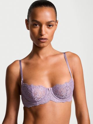 Purple Unlined Floral Embroidery Balconette Bra