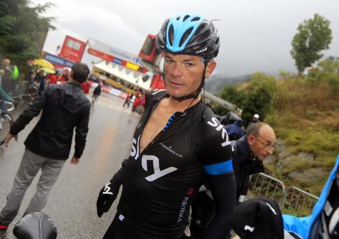 Vasil Kiryienka (Sky) after finishing a wet and miserable stage 14 at the Vuelta