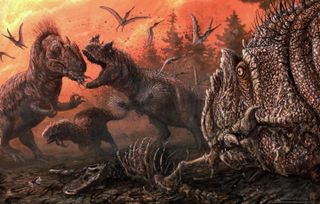 Artist's depiction of Theropod cannibals in a stressed Late Jurassic ecosystem.