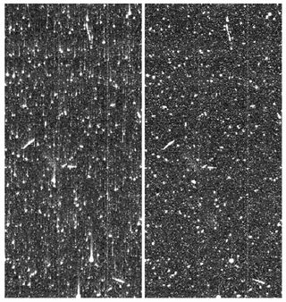 Image smearing caused by CTI in a Hubble Space Telescope image shown as the raw image (left) and after image correction has been applied (right). Hubble’s radiation mitigation strategy was unique, send up astronauts to replace the sensors.