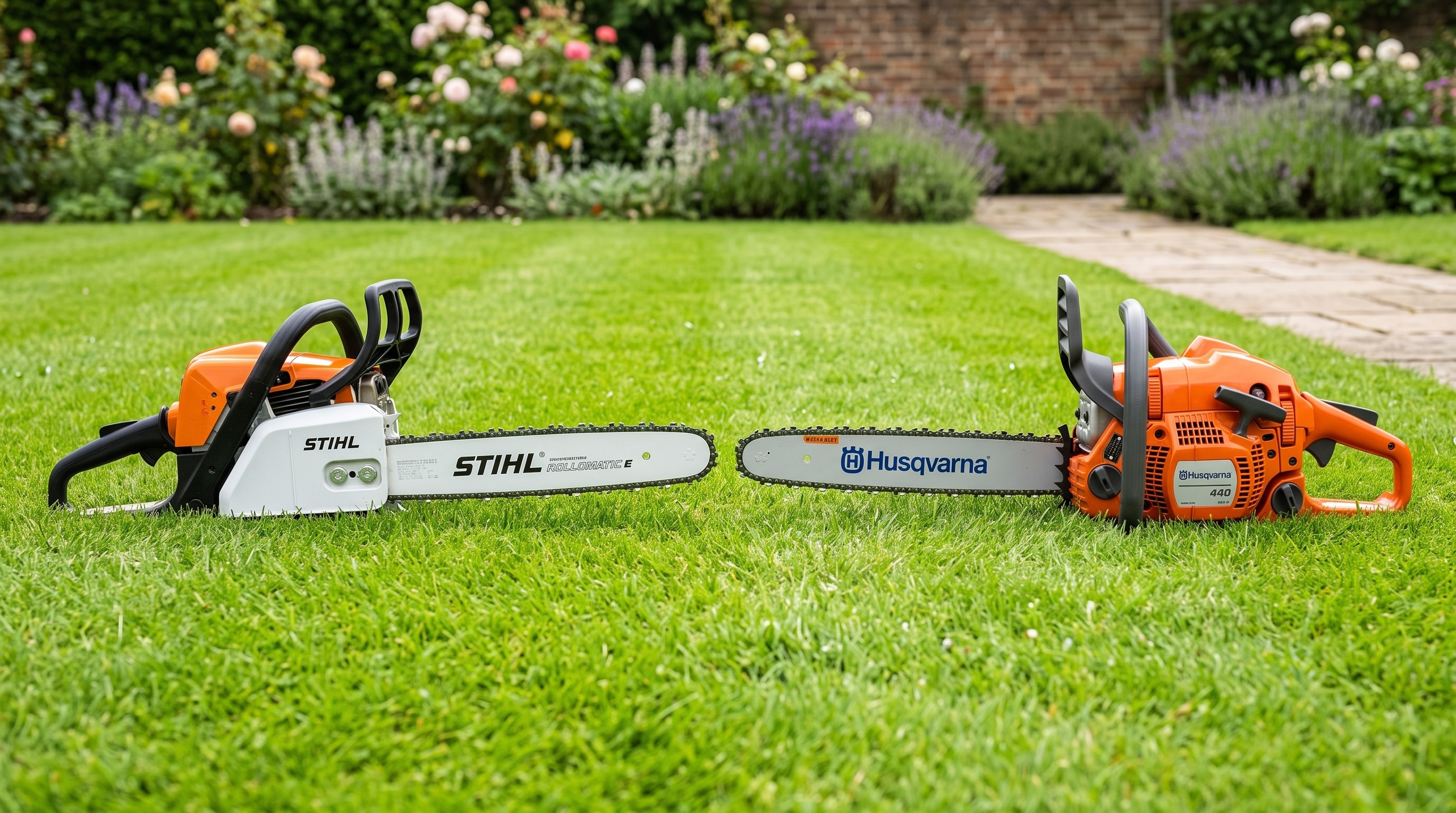 Two chainsaws facing each other on a grassy lawn