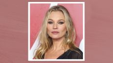 Kate Moss is pictured wearing black eyeliner and wearing a black dress whilst attending The Fashion Awards 2023 Presented by Pandora at the Royal Albert Hall on December 04, 2023 in London, England/ in a dark, rose pink textured template