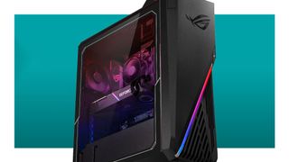 Asus ROG gaming PC on a blue background.