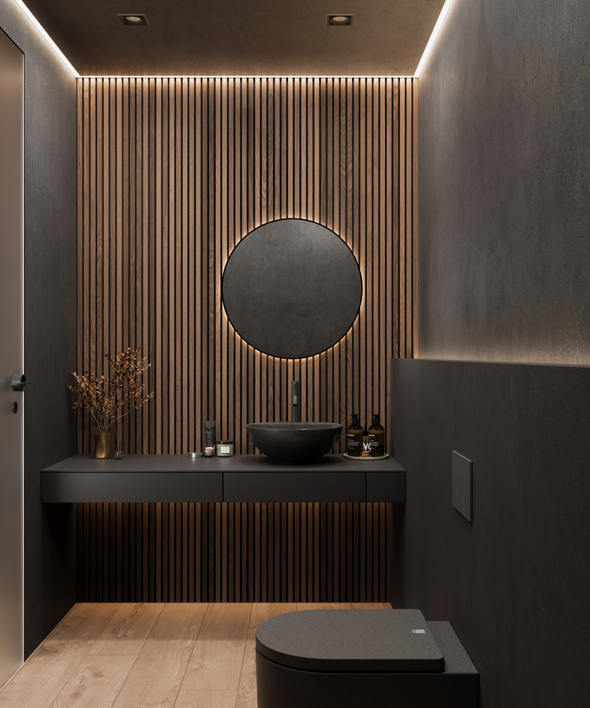 dark coloured bathroom with wooden effect vertical strip panelling on wall behind sink