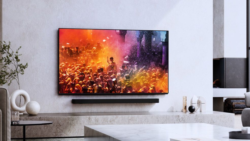 Sony Bravia 9 television mounted on a living room wall above a soundbar