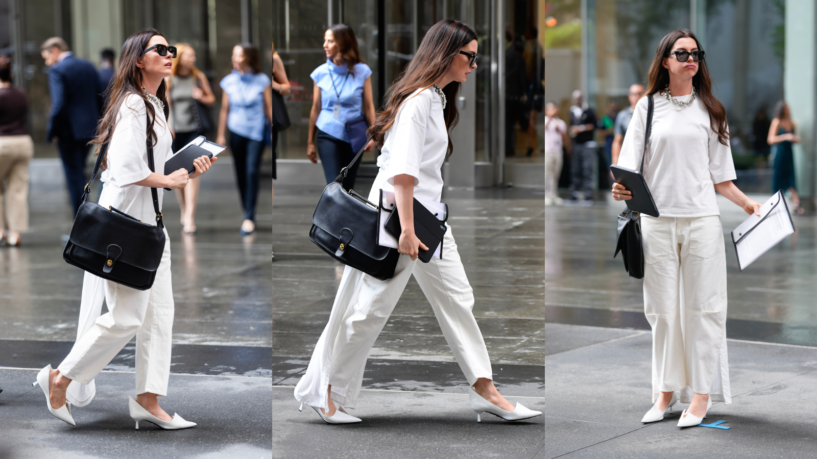 Anne Hathaway on set for The Devil Wears Prada wearing Coach bag and white outfit