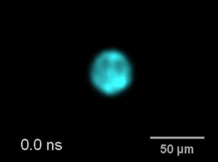 A glowing blue sphere against a black background, with a 50 µm scale bar and a time marker at 0.0 nanoseconds