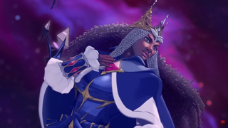 Queen Sigma from vampire survivors. She is a Black woman in a flowing blue cape and blue armor. She is wearing a crown with a loose chainmail coif.