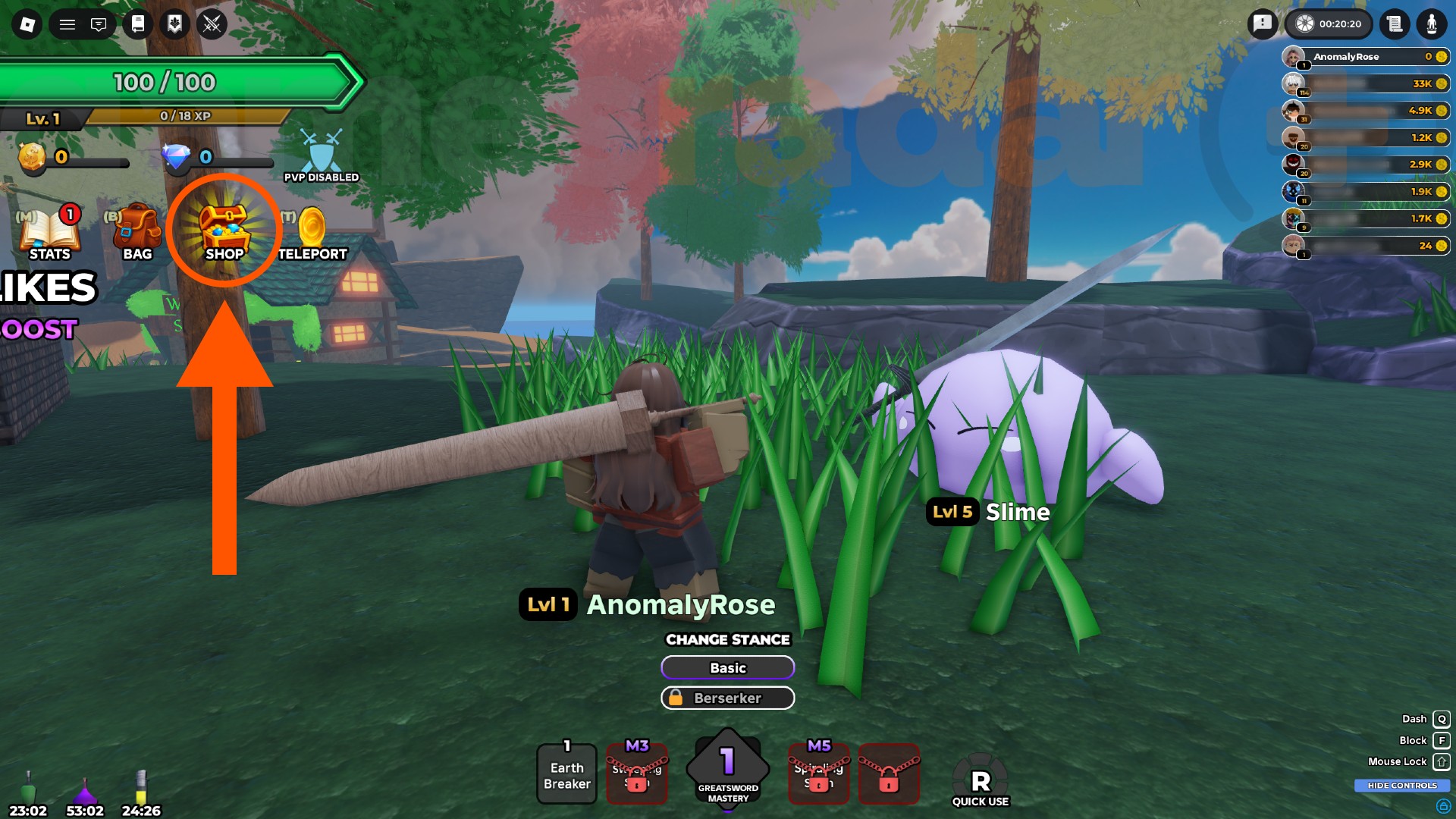 An orange arrow highlights the Shop button where you can redeem Slay a Slime codes