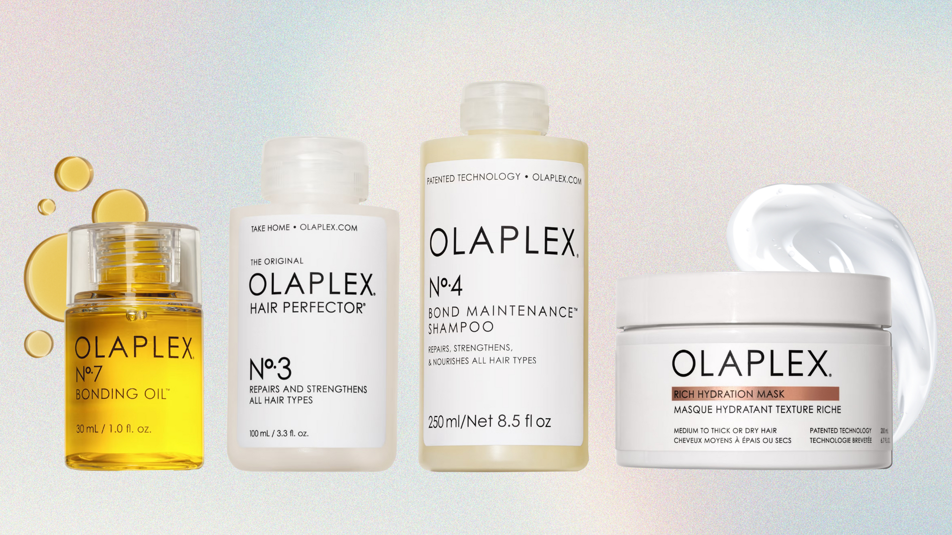 Collage of four Olaplex haircare products in front of two product swatches against a pink, blue and cream ombre-style background