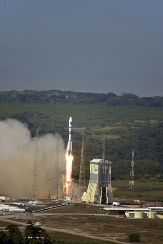 Photo of a Russian Soyuz rocket launching two European Galileo navigation satellites into orbit on Oct. 12, 2012.