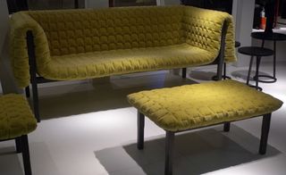 Ruché sofa series by Inge Sempé, here in yellow velvet.