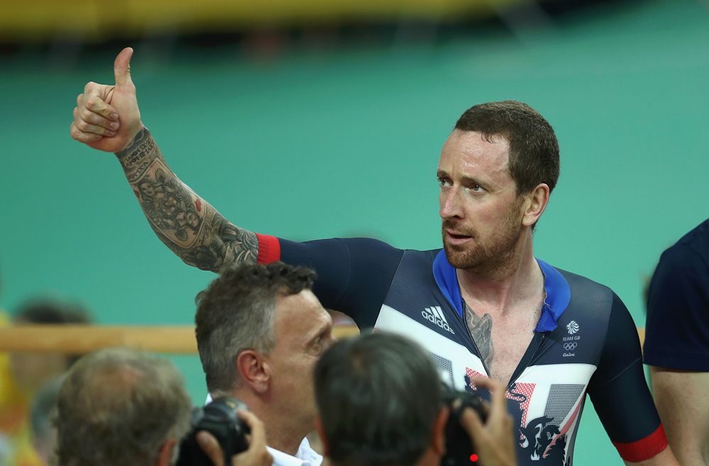 Bradley Wiggins celebrates winning gold in the team pursuit at the 2016 Olympics.