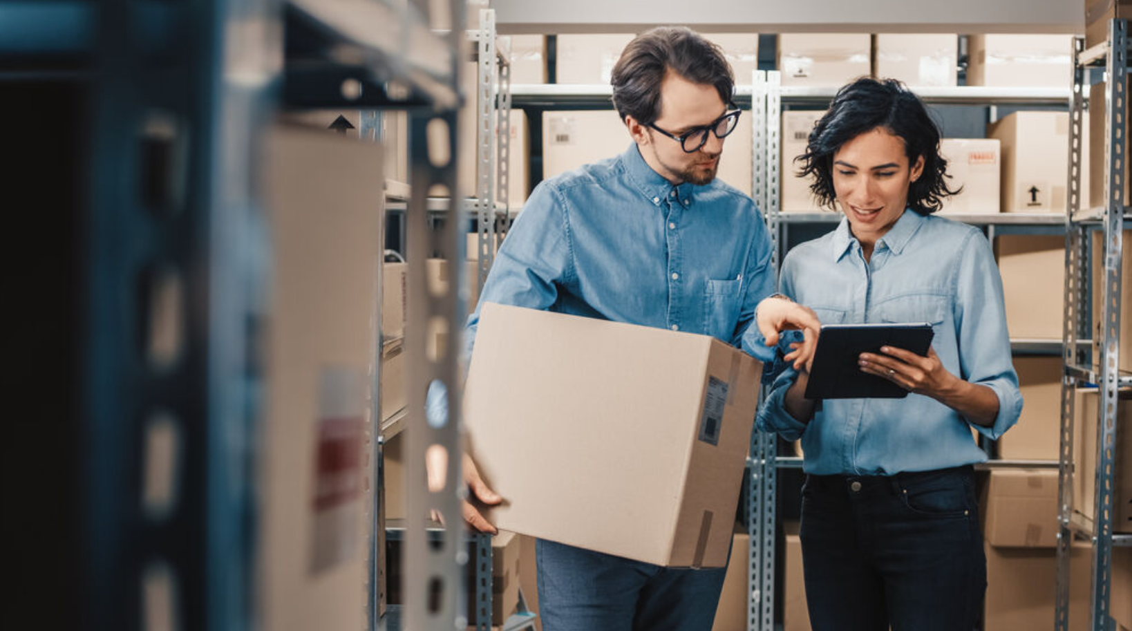 A man and a woman managing their inventory.