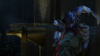 Screenshot from Predator: Concrete Jungle showing a Predator stalking someone from the rooftops.