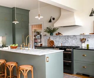 Green kitchen with elevated IKEA shaker kitchen cabinet doors and antiqued brass hardware
