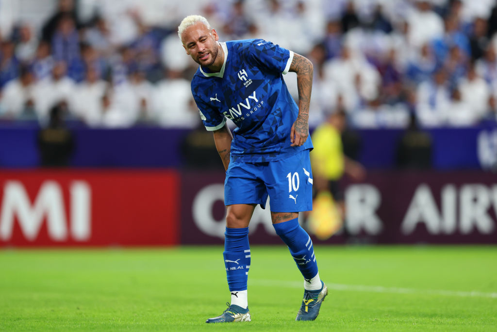 RIYADH, SAUDI ARABIA - NOVEMBER 04: Neymar of Al-Hilal reacts after an injury during the AFC Champions League Elite match between Al-Hilal and Esteghlal at Kingdom Arena on November 04, 2024 in Riyadh, Saudi Arabia. (Photo by Yasser Bakhsh/Getty Images) Cristiano Ronaldo