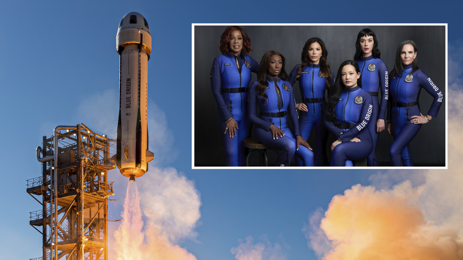 Blue Origin rocket launching with insert of katy perry and all woman crew