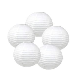 A circle of five white round paper lanterns with ribbed edges