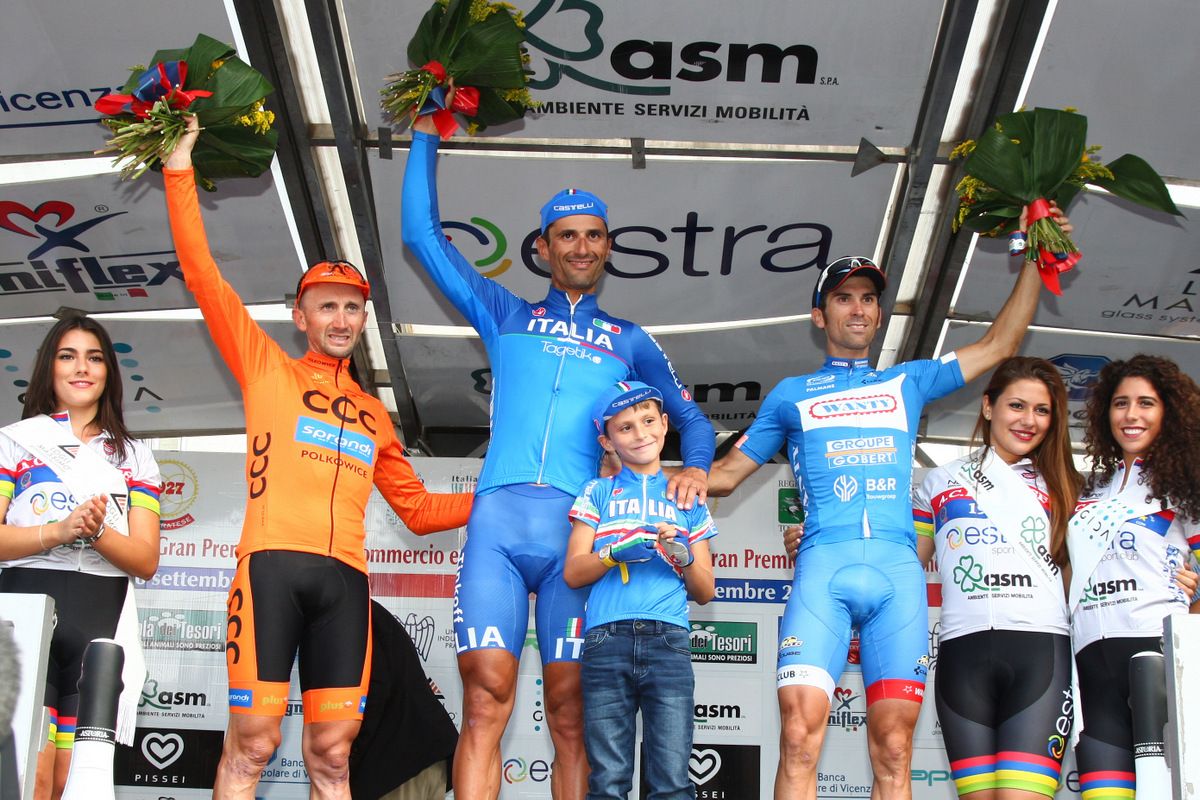 Davide Rebellin (CCC Sprandi Polkowice), Daniele Bennati (Italy), and Marco Marcato (Wanty) on the podium