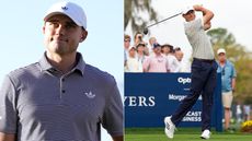 Ludvig Aberg stares into the distance, with a close up of his swing