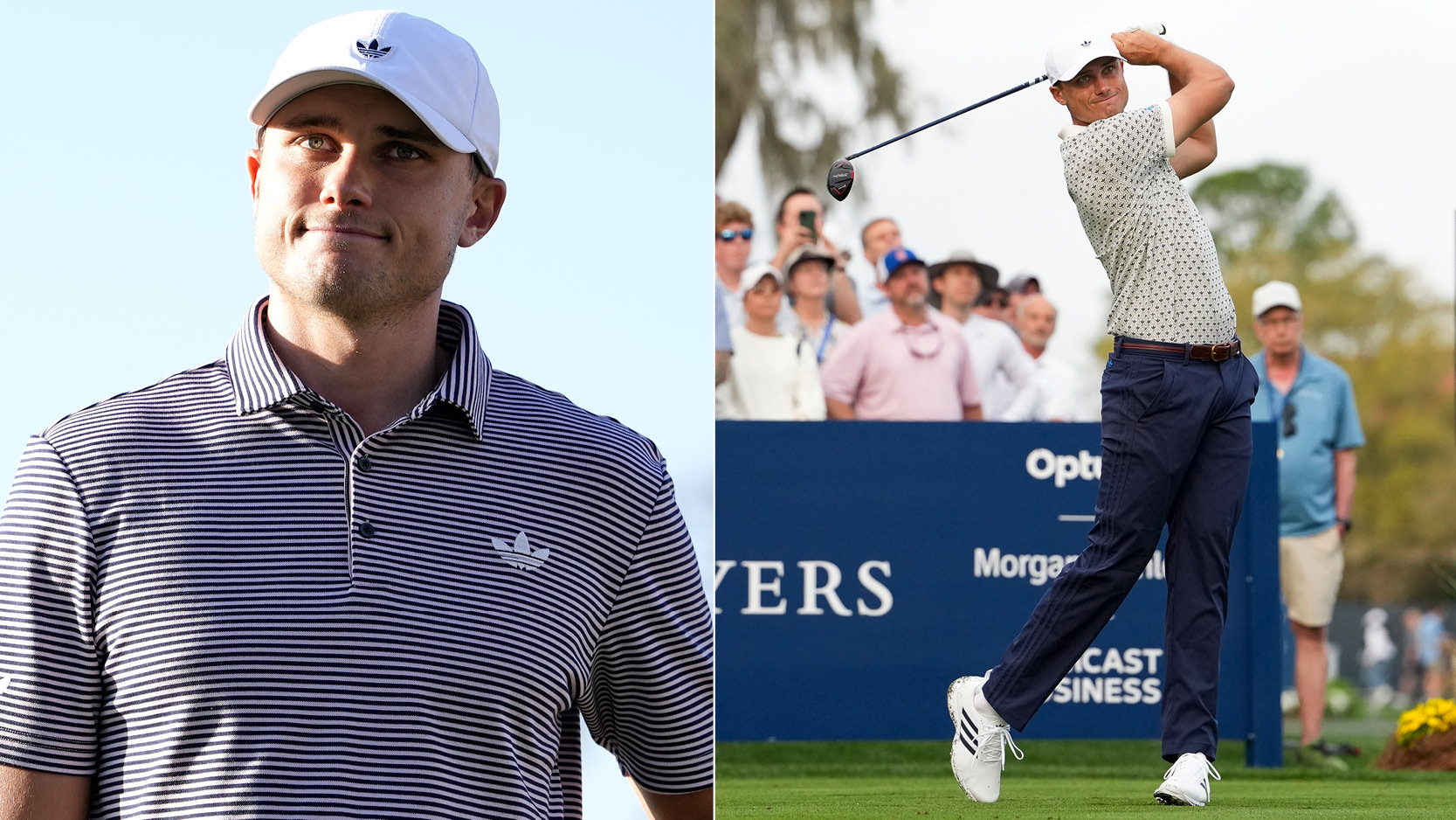 Ludvig Aberg stares into the distance, with a close up of his swing