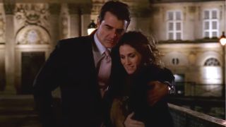 Chris Noth and Sarah Jessica Parker embrace in the Paris night in Sex and the City.