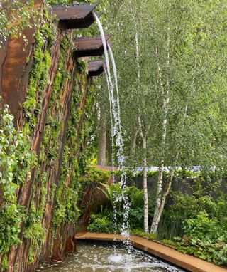 water feature on the Sarah Eberle garden at chelsea flower show 2022