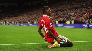 Manchester United forward Marcus Rashford celebrates scoring the winner against West Ham.