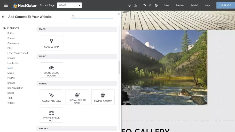 HostGator's website builder editor in use
