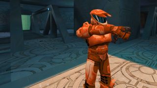 A screenshot of a Spartan model in Halo: GoldSource.