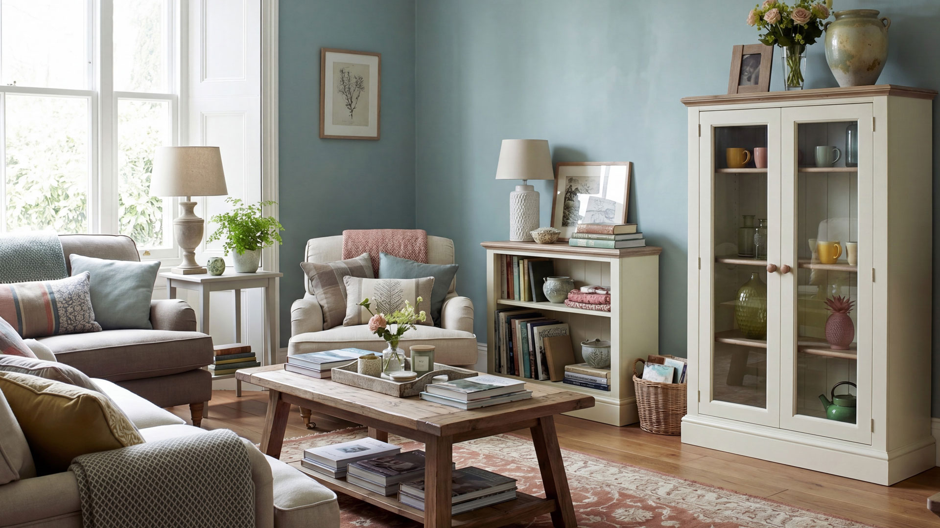 blue living room with painted wooden furniture