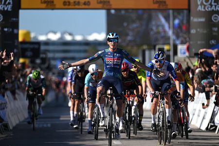LAGOS, PORTUGAL - FEBRUARY 21: (L-R) Paul Magnier of France and Team Soudal Quick-Step celebrates at finish line as stage winner ahead of Jordi Meeus of Belgium and Team Red Bull - BORA - hansgrohe during the 52nd Volta ao Algarve em Bicicleta 2026, Stage 4 a 175.1km stage from Albufeira to Lagos on February 21, 2026 in Lagos, Portugal. (Photo by Dario Belingheri/Getty Images)