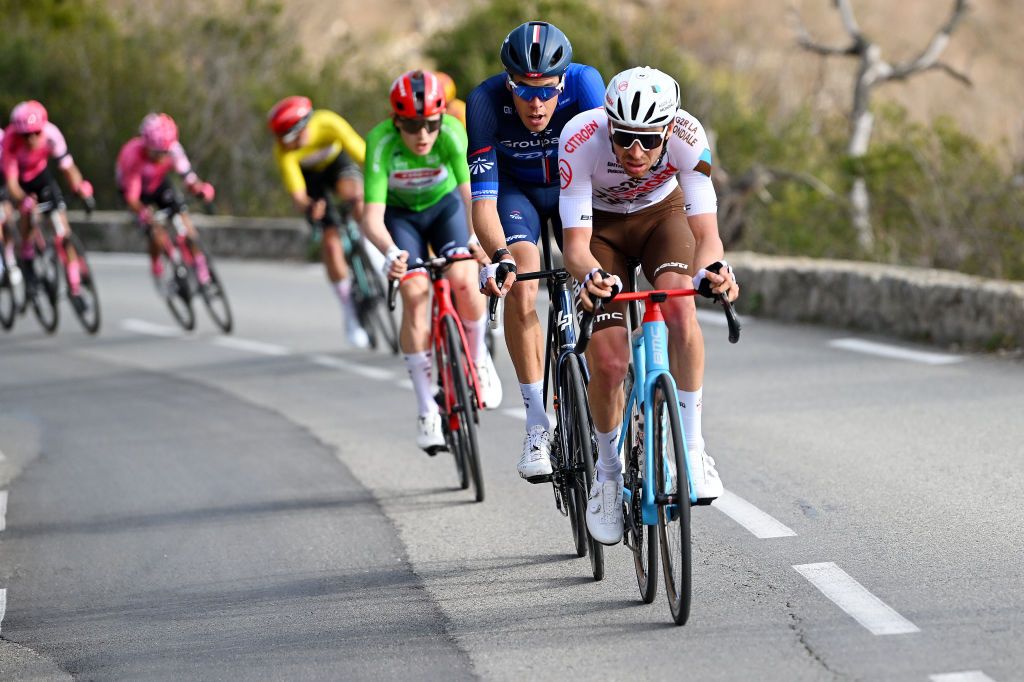 VENCE FRANCE FEBRUARY 19 LR Kvin Geniets of Luxembourg and Team Groupama FDJ and Aurlien ParetPeintre of France and AG2R Citron Team competes during the 55th Tour Des Alpes Maritimes Et Du Var 2023 Stage 3 a 1318km stage from VillefranchesurMer to Vence tour0683 on February 19 2023 in Vence France Photo by Luc ClaessenGetty Images