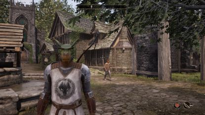 The Elder Scrolls 4: Oblivion Remastered screenshot of the player character Argonian standing in Hackdirt village