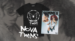 Nova Twins on the cover of Metal Hammer, next to a black t-shirt with a white butterfly graphic on it