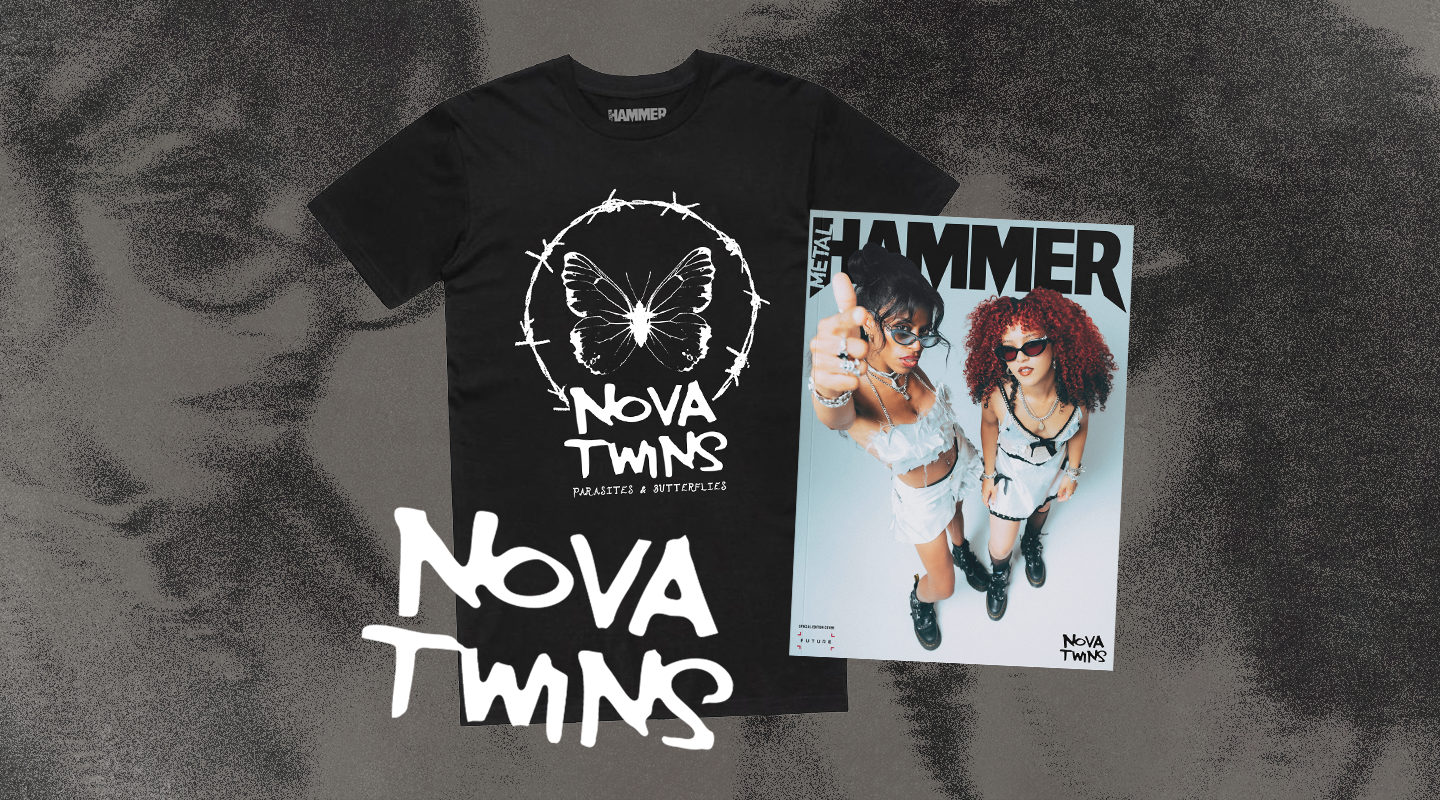 Nova Twins on the cover of Metal Hammer, next to a black t-shirt with a white butterfly graphic on it