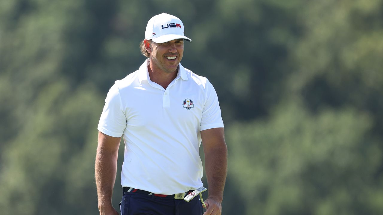 Brooks Koepka of Team United States reacts on the 11th hole during a practice round prior to the 2023 Ryder Cup at Marco Simone Golf Club on September 28, 2023 in Rome, Italy.