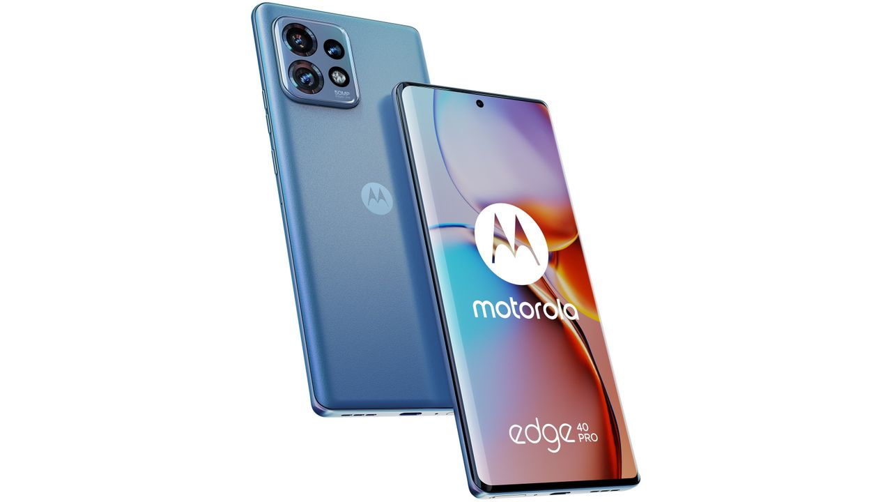 Leaked images of the Motorola Edge 40 Pro in blue, on a white background