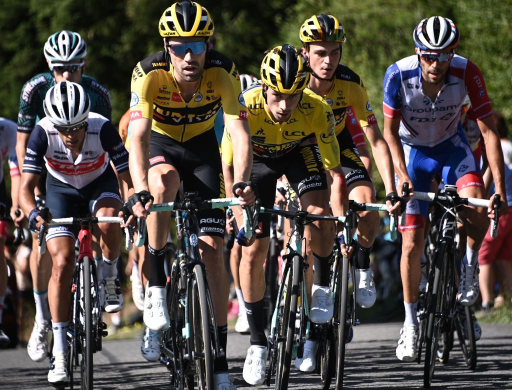 Team Jumbo rider Slovenias Primoz Roglic c wearing the overall leaders yellow jersey climb during the fourth stage of the 72nd edition of the Criterium du Dauphine cycling race 153 km between Ugine and Megeve on August 15 2020 Photo by AnneChristine POUJOULAT AFP Photo by ANNECHRISTINE POUJOULATAFP via Getty Images