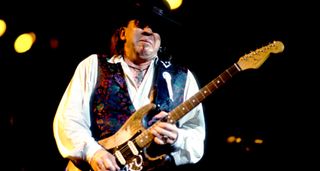 Stevie Ray Vaughan plays his number one Stratocaster at the Alpine Valley Music Theater, East Troy, Wisconsin, August 25, 1990