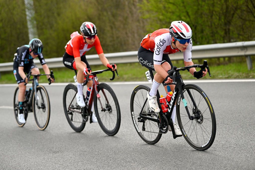 WAREGEM BELGIUM MARCH 29 LR Francesca Barale of Italy and Team DSM Cecilie Uttrup Ludwig of Denmark and Team FDJSuez and Victoire Berteau of France and Team Cofidis compete in the breakaway during the 11th Dwars door Vlaanderen 2023 Womens Elite a 1149km ine day race from Waregem to Waregem DDV23 on March 29 2023 in Waregem Belgium Photo by Luc ClaessenGetty Images