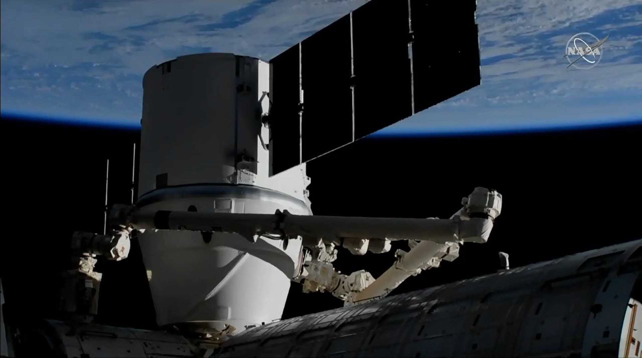 SpaceX's Dragon CRS-20 cargo ship is attached to the International Space Station after being captured via robotic arm on March 9, 2020.