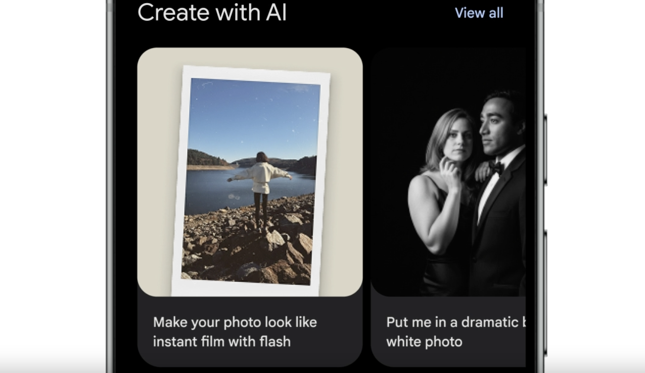 A close-up view of a smartphone screen showing two AI photo editing options, one to make a photo look like instant film with flash, and another to put a person in a dramatic black and white photo.