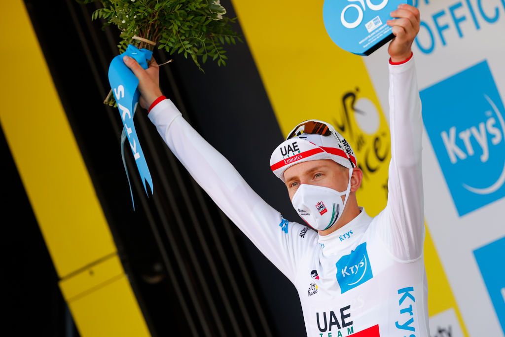Tadej Pogacar of UAE Team Emirates celebrates on the podium in the white jersey for best young rider after stage 16 of the 107th edition of the Tour de France cycling race from La TourdePin to VillarddeLans 164km in France Tuesday 15 September 2020 This years Tour de France was postponed due to the worldwide Covid19 pandemic The 2020 race starts in Nice on Saturday 29 August and ends on 20 September BELGA PHOTO POOL Photo by LUCA BETTINIBELGA MAGAFP via Getty Images