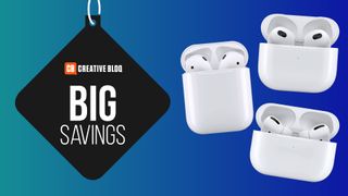A product shot of different Apple Airpods models on a colourful background with the words big savings
