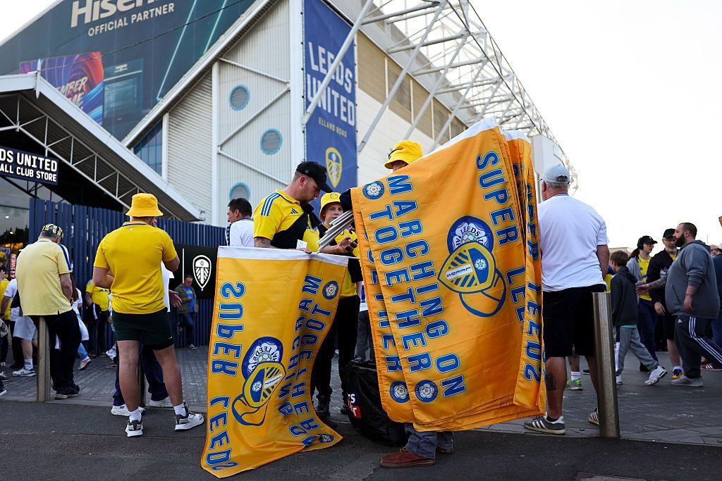 Leeds United flags being sold outside Elland Road ahead of the Sky Bet Championship match between Leeds United FC and Bristol City FC at Elland Road on April 28, 2025 in Leeds, England.